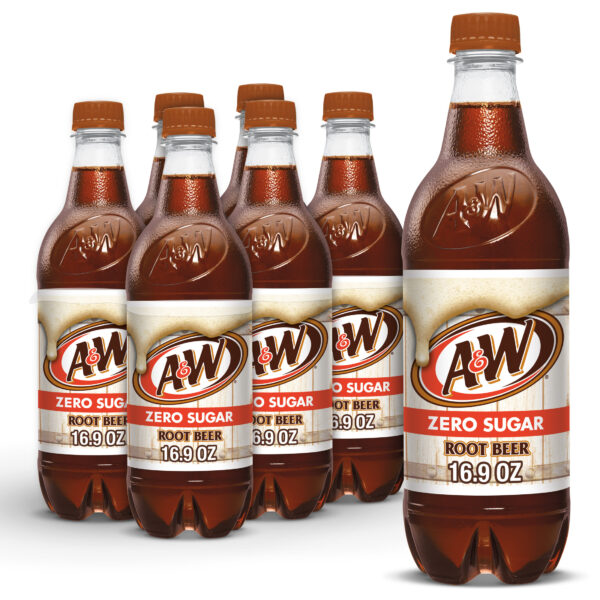A&W Zero Sugar Root Beer Soda Pop, 16.9 fl oz, 6 Pack Bottles